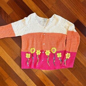 Crocheted Cardigan with Flowers - cotton/rami blend (L)